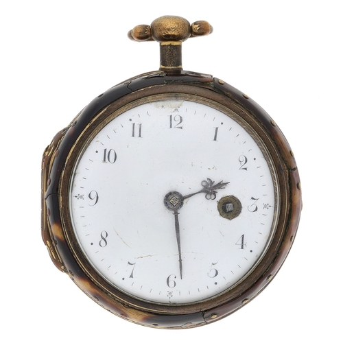 223 - James Banks, Nottingham - 18th century gilt metal and tortoiseshell verge pocket watch, signed fusee... 