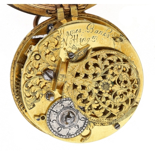 223 - James Banks, Nottingham - 18th century gilt metal and tortoiseshell verge pocket watch, signed fusee... 