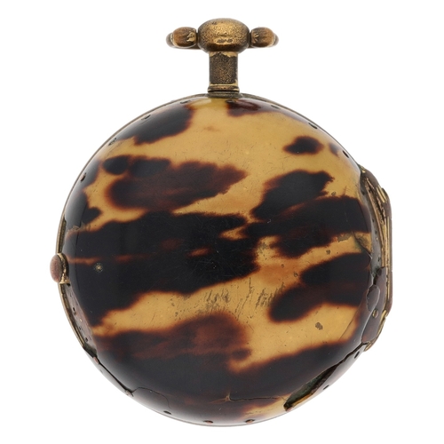 223 - James Banks, Nottingham - 18th century gilt metal and tortoiseshell verge pocket watch, signed fusee... 
