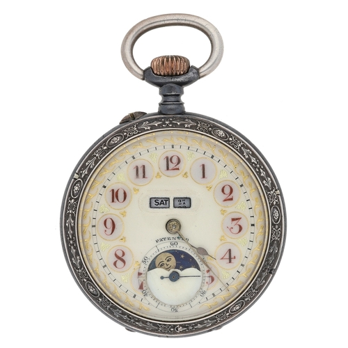 256 - Swiss 'patented' gunmetal lever calendar pocket watch with moon phase, the movement signed Colombia,... 