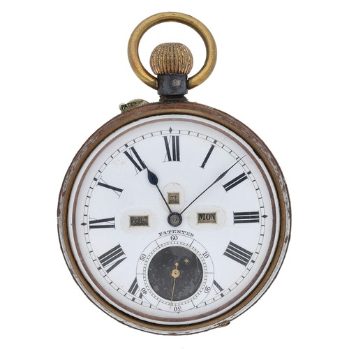 237 - Swiss gunmetal calendar lever pocket watch with moon phase, no. 8947, unsigned bar movement, hinged ... 