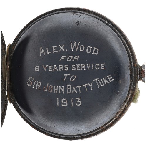 237 - Swiss gunmetal calendar lever pocket watch with moon phase, no. 8947, unsigned bar movement, hinged ... 