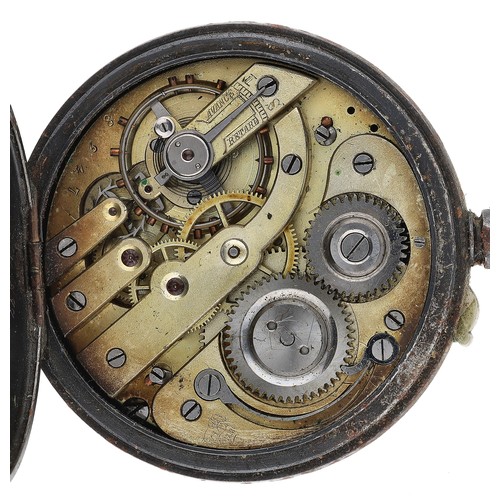 237 - Swiss gunmetal calendar lever pocket watch with moon phase, no. 8947, unsigned bar movement, hinged ... 