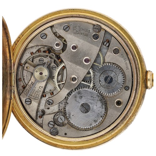 238 - Swiss gold plated lever hunter pocket watch, 15 jewel adjusted movement, hinged cuvette, enamel dial... 