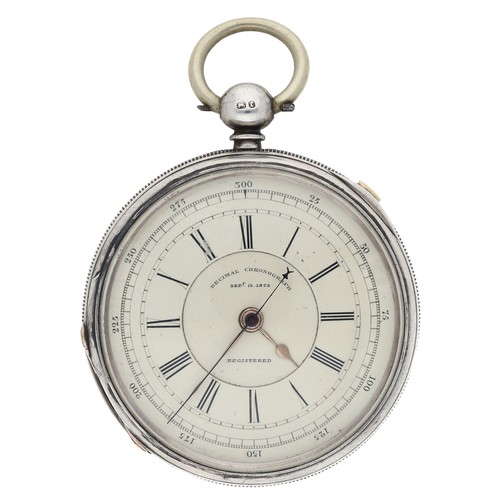 254 - Victorian silver 'Decimal Chronograph Registered' centre seconds fusee lever pocket watch, Chester 1... 