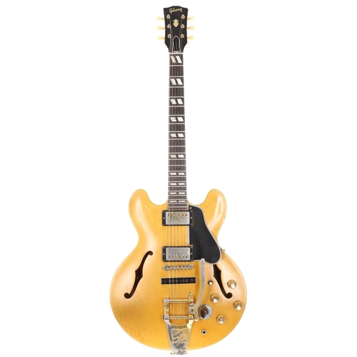 1961 Gibson ES-345 TD semi-hollow body electric guitar, made in USA; Body: natural finish, buckle scratching / finish loss to back, light checking in places, various dings and marks otherwise very good for age; Neck: mahogany, large scratch to length of neck with minor hairline visible within in places; Fretboard: rosewood, light wear; Frets: worn throughout with visible indent; Electrics: working, original PAF Patent Applied For pickups; Hardware: general tarnishing and gold plating loss as to be expected, Bigsby Patent vibrato and custom made plaque, tarnishing to smaller metal parts, replacement neck pickup surround screws, slight bend to G & D tuner shafts; Case: later Gibson hard case; Weight: 4.10kg; Overall condition: good for age