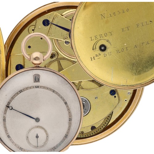 Leroy Et Fils, A. Paris - Good 19th century 18ct pocket watch with Jump Hour, Paris 1819-1838, full plate gilt movement with plain balance cock, gilt three arm balance, blued steel hairspring and regulator, gilt metal hinged cuvette signed 'Leroy Et Fils Hrs Du ROI A. Paris.', no. 12340, silvered guilloche dial with minute track with five minute divisions and centre blued steel Breguet style minute hand, subsidiary seconds dial and hour aperture at the twelve position, within an engine turned case, no. 17755, with 9ct bow, 72.3gm, 50mm