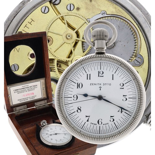 Zenith Royal Navy Hydrographic Service issue nickel cased centre seconds lever deck watch, signed gilt movement with Military arrow, compensated balance and regulator, no. 3233770, signed dial with Military arrow and numbered 3770, with Arabic numerals, hour and minute markers and blued steel centre seconds, blued steel hands, signed screw case, 51mm