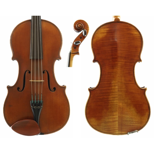Interesting viola labelled Ferdinand Rolla, Fiesole 1917, the two piece back of faint medium curl with similar wood to the sides and head, the table of a fine width grain slightly widening to the flanks and the varnish of a reddish-brown colour on a golden ground, 17", 43.10cm, case