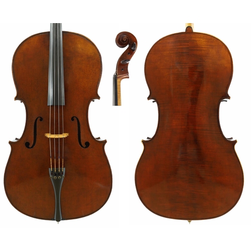 English violoncello by and labelled Colin Nicholls Maker, London, Anno 1989 and signed on the label, the two piece back of medium curl with similar wood to the sides and head, the table of a medium width grain and the varnish of a reddish-brown colour on a golden ground, 29 3/4", 75.60cm