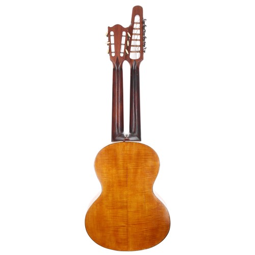 1958 - Vintage German twin neck harp guitar; Back and sides: figured maple, hairline to centre back, refini... 