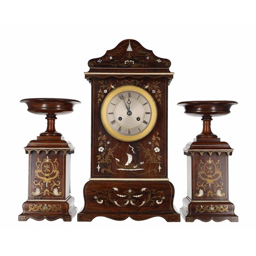 633 - Good and attractive French rosewood inlaid two train mantel clock garniture, circa 1840, the movemen... 
