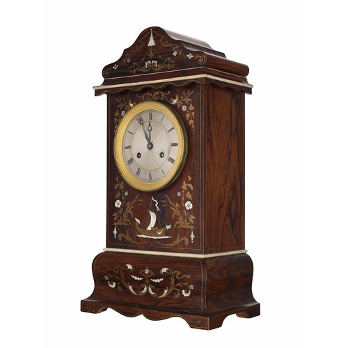 633 - Good and attractive French rosewood inlaid two train mantel clock garniture, circa 1840, the movemen... 