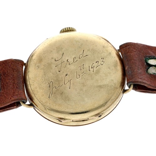 31 - Swiss 9ct wire-lug gentleman's wristwatch, London 1922, enamel dial with Roman numerals, minute trac... 