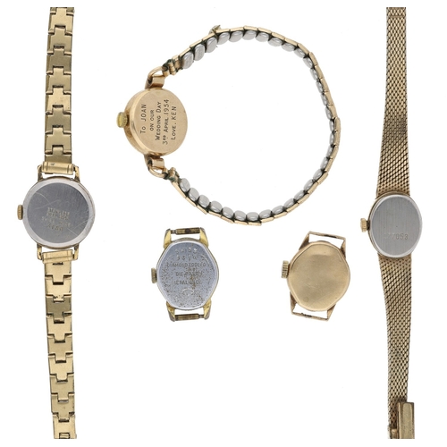 37 - Two lady's 9ct wristwatch heads to include Rotary and Vertex; with three gold plated lady's wristwat... 