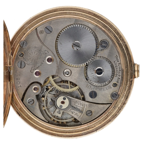 45 - Thos Russell & Son, Liverpool 'Tempus Fugit' - gold plated lever pocket watch, signed 10 jewel m... 