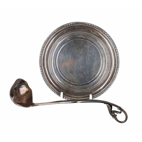 540 - Danish silver small circular dish and miniature ladle, marked for Georg Jensen, Denmark, the dish 3.... 