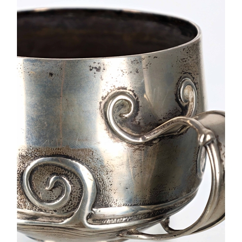 542 - Liberty & Co. Art Nouveau silver mug, with scroll ornament to the sides and handle, presentation... 