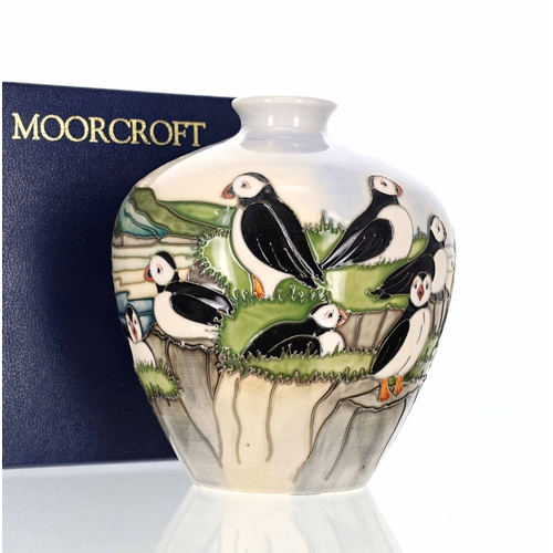 658 - Moorcroft Pottery - rare Puffins pattern vase, bearing a factory stamp and the jug date mark for 199... 