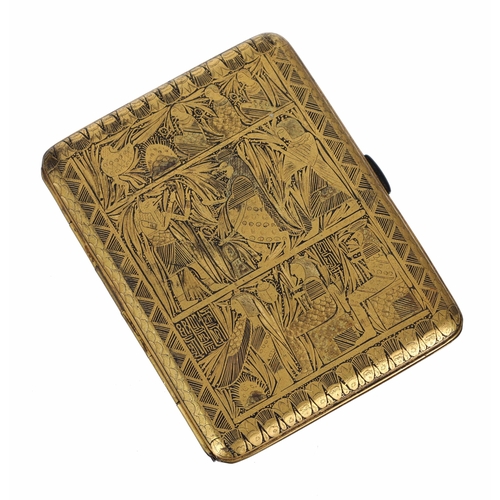 674 - Japanese cigarette case, Taisho period, engraved with Egyptian scenes, Fuji mark to the interior, 3.... 