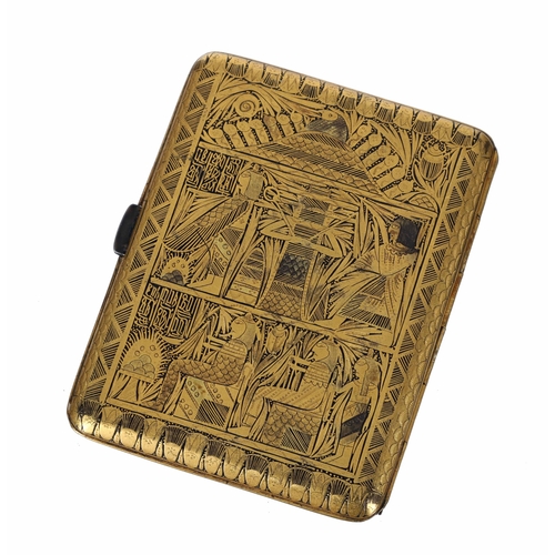 674 - Japanese cigarette case, Taisho period, engraved with Egyptian scenes, Fuji mark to the interior, 3.... 