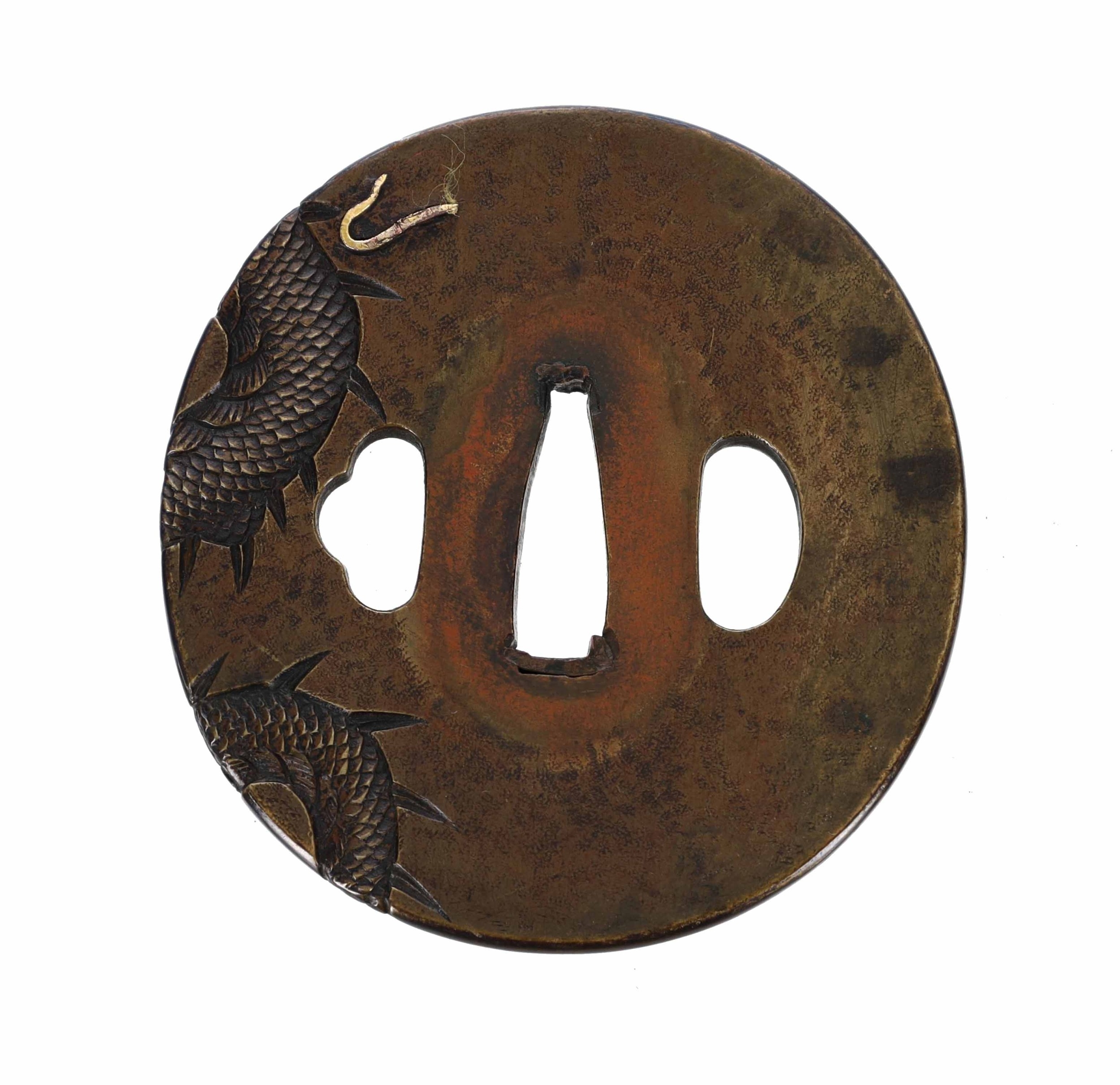 Japanese copper tsuba, carved with dragons and highlighted in gold ...