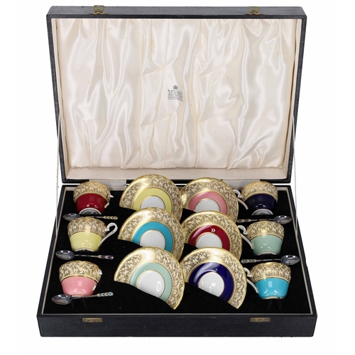 665 - Cased set of Aynsley cabinet cups and saucers, with silver and enamel spoons (some damages)... 
