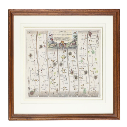 637 - John Ogilby - 'The Road from Cambridge to Coventry', a 17th century engraved map with colour, 17