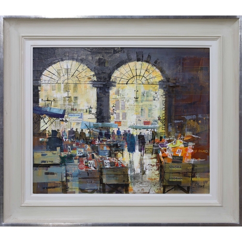 Mike Bernard RI (British born 1957), 'Italian Market', signed, mixed media on canvas, also signed and with the title verso, 23.5" x 19.5", within a painted frame, 31.5" x 27..5" overall