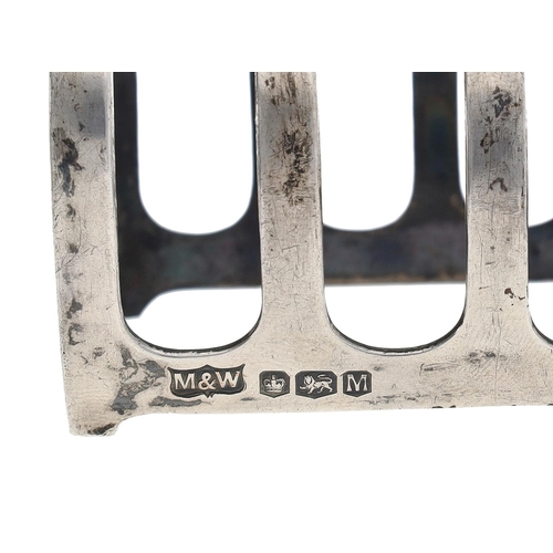 404 - Elizabeth II Mappin & Webb silver toast rack, of squat form with six divisions and central handl... 
