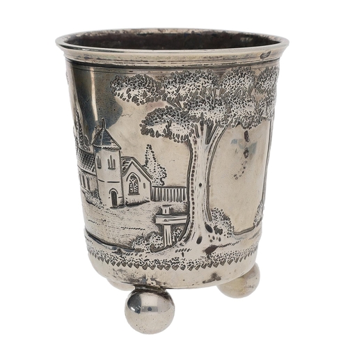 462 - 19th century continental white metal beaker, worked in relief with a building and church among trees... 