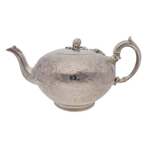 465 - Victorian silver teapot, globular shape with foliate engraved decoration, fruit finial (by different... 