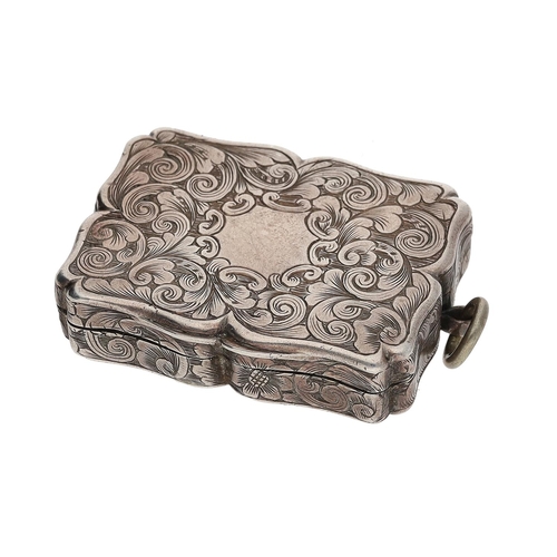 485 - Victorian silver vinaigrette, of shaped rectangular form with engraved decoration, gilt interior, su... 