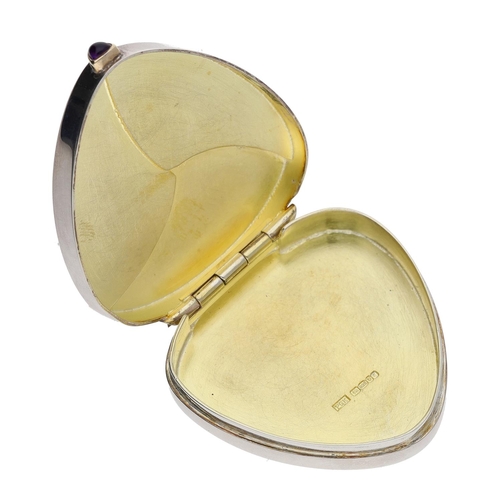 492 - Philip Kydd handmade silver pill box, of rounded traingle form with hinged cover having a glass cabo... 