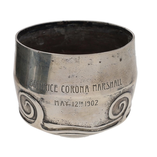 542 - Liberty & Co. Art Nouveau silver mug, with scroll ornament to the sides and handle, presentation... 