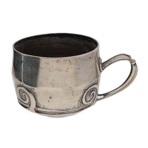 542 - Liberty & Co. Art Nouveau silver mug, with scroll ornament to the sides and handle, presentation... 