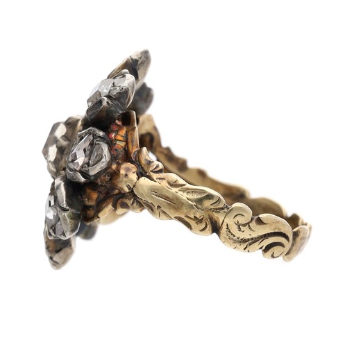 102 - Good 19th century yellow metal mixed-cut diamond cluster ring, 20mm x 18mm, 5gm, ring size K... 