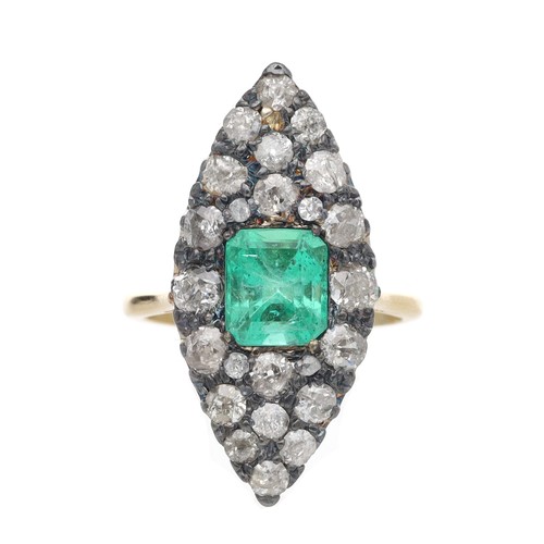 Attractive antique emerald and diamond marquise shaped cluster ring, the emerald 1.90ct approx, in a surround of old-cut diamonds, estimated 1.20ct approx in total, 28mm x 13mm, 18ct yellow gold shank, 5.4gm, ring size N/O
