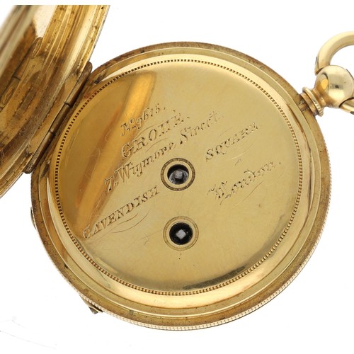 42 - 18ct half hunter cylinder fob watch, the cuvette signed Grohe, 7 Wigmore Street, Cavendish Square, L... 