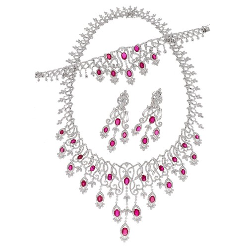 Very fine modern 18ct white gold ruby and diamond necklace, bracelet and earrings suite, stamped '750'