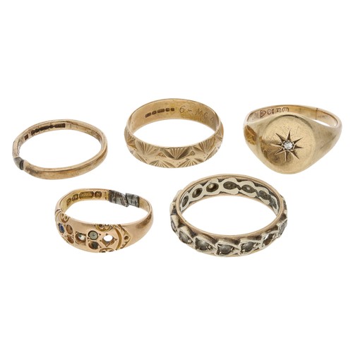 Four assorted 9ct rings, 18.3gm in total; with a 15ct ring at fault, 2 ...