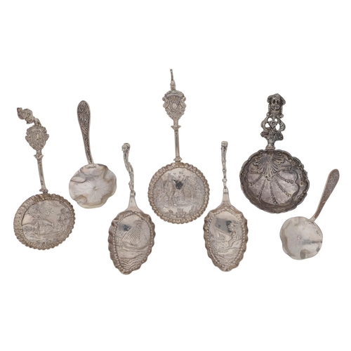 468 - Group of five ornate Dutch silver spoons, probably late 19th century, various makers' marks; togethe... 