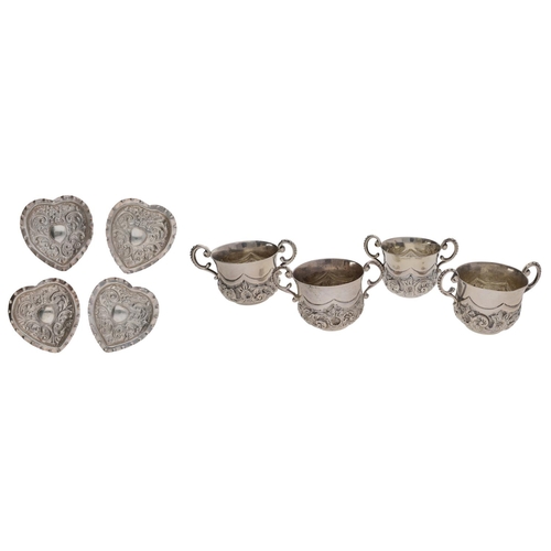 470 - Group of four late Victorian heart shaped small silver dishes, with ornate decoration, Birmingham 18... 