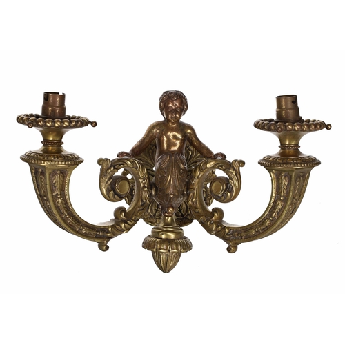 624 - French brass twin branch wall light in the Louis XVI style, the central putto flanked by foliate dec... 