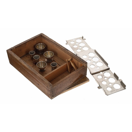 626 - Chromium plated pill making set, in a stained pine box with sliding lid, the box 9