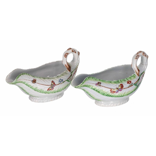 661 - Pair of First Period Worcester 'Cos Lettuce' sauceboats, naturalistically modelled, the moulded exte... 