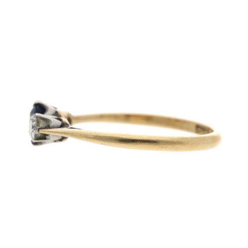 85 - 18ct sapphire and diamond three stone ring, the sapphire 0.40ct approx, with round brilliant-cut dia... 