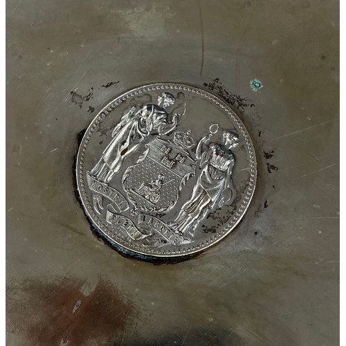 478 - Silver plated oval twin handled tray, with gadroon border, engraved to the centre with a bee among f... 