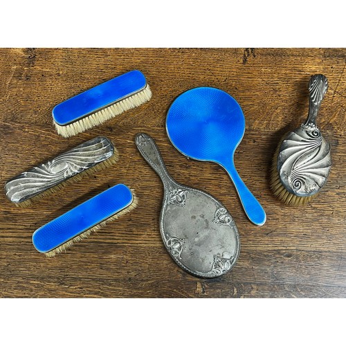 463 - George V silver and blue enamel dressing table mirror and two brushes, Levi & Salaman, Birmingha... 