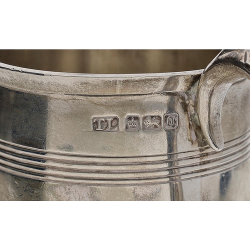 436 - Edward VII silver mug, of tapered cylindrical form with two horizontal reeded bands and scroll handl... 